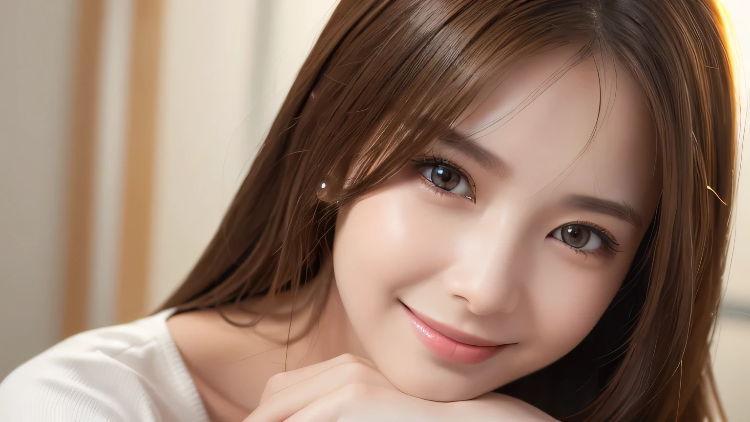 (8K、Raw photo、Highest quality、masterpiece:1.2)、(Real Stick、Photorealistic:1.37)、Super detailed、Ultra-high resolution、1 girl、Seeing the viewer、Beautifully detailed face、smile、narrow、(Slim waist) :1.3)、shirt、Beautifully detailed skin、Skin Texture、Floating Hair、Professional Lighting、office、Human whole body、Brown Hair