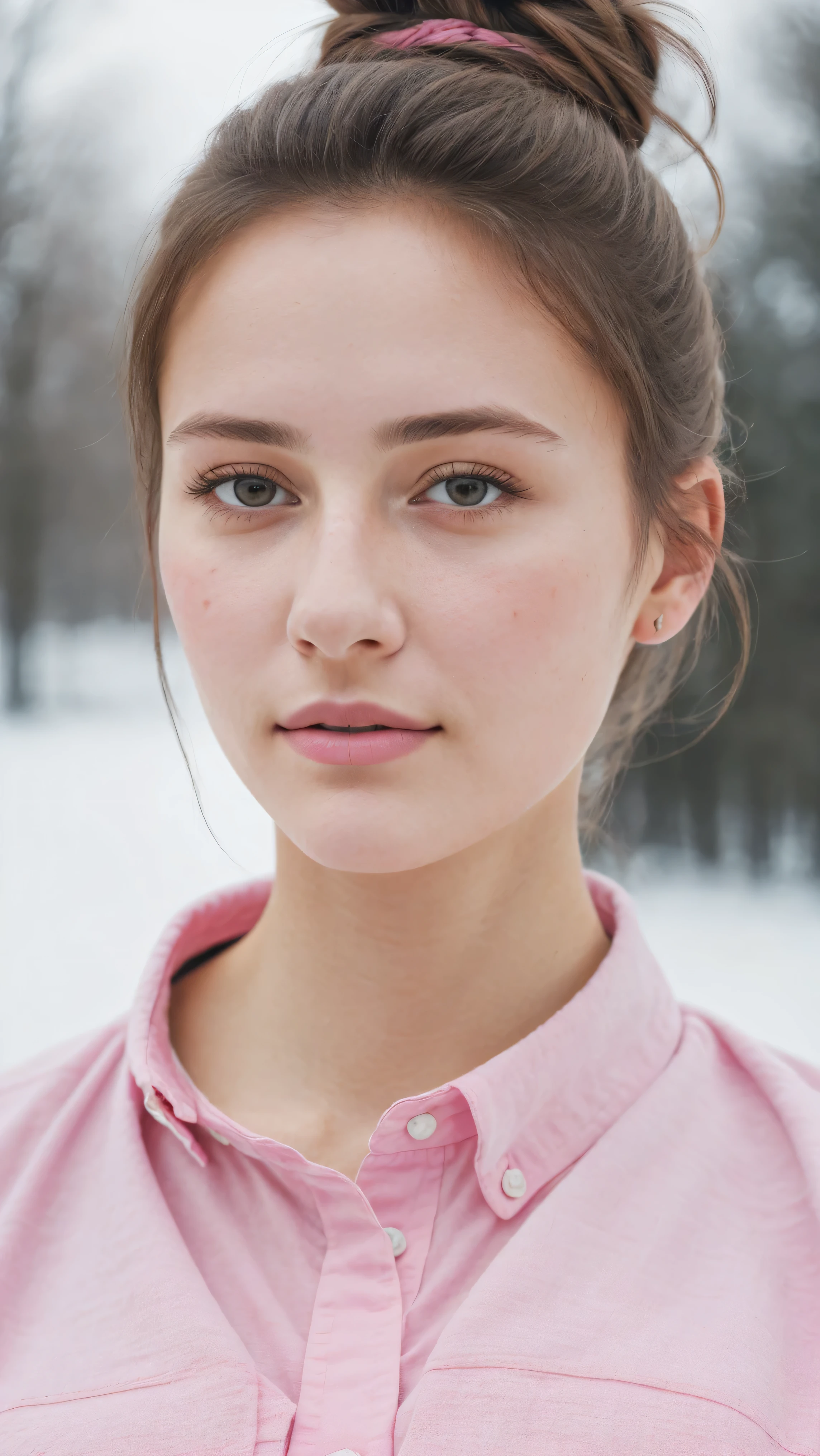 Portraiture, 20 year old brunette german girl, Sexy and attractive expression, Wearing a pink shirt, Messy bun, 8k, highest quality, masterpiece, (Looking into the camera:1.3), photograph, (beautiful), realistic skin, realistic skin texture, big breast, fair, bright, cold weather, winters, 