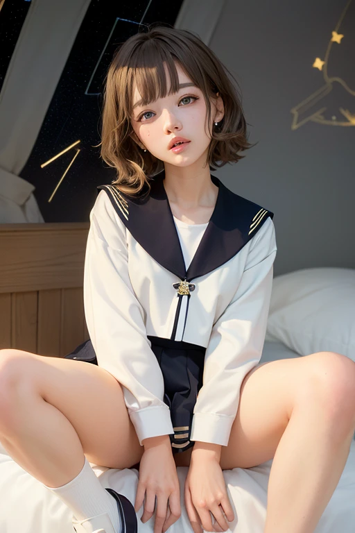 (((On the bed:1.35)))、(((sleep:1.35)))、(((Spread your legs wide:1.35)))、(((Sailor suit:1.35)))、(((Skirt flip:1.35)))、、(((loafers:1.35)))、(Very detailed:1.3), cowboy_shot,
One girl, alone,
beautiful Edge PL_woman, Edge PL_face, Edge PL_body,
White nurse uniform, White tights, White shoes, Nurse cap,
Super detailed, (High resolution:1.1), Highest quality, (masterpiece:1.3), Cinema Lighting,
(kind_笑face:1.1), (butterfly_Sitting:1.4), (star_Trail:1.3), (night:1.3),