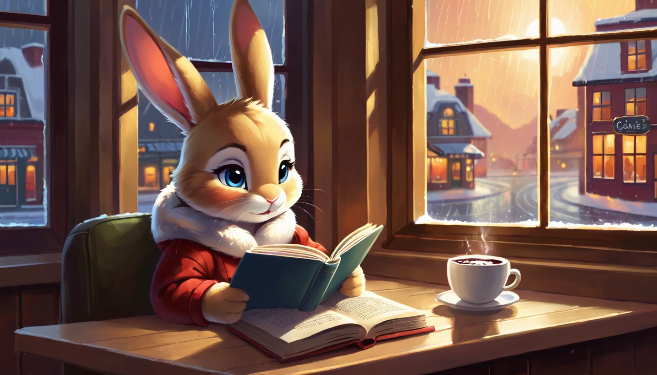 It's raining outside. A scene from a cafe with a warm atmosphere. An anthropomorphized  rabbit is reading a book while drinking hot chocolate at a window seat. The warm light and calm expression are impressive.