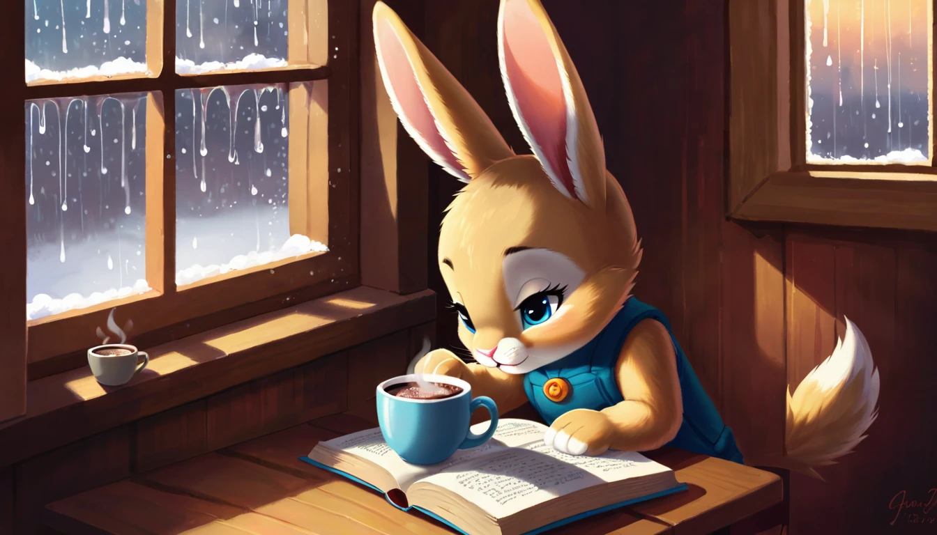 It's raining outside. A scene from a cafe with a warm atmosphere. An anthropomorphized baby rabbit is reading a book while drinking hot chocolate at a window seat. The warm light and calm expression are impressive.