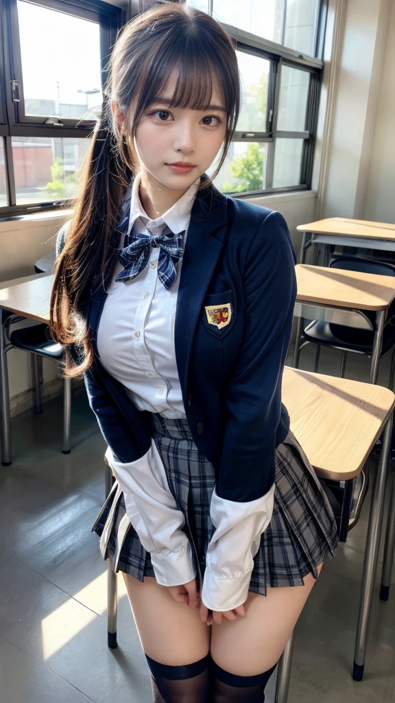 masterpiece, best quality, illustration, Super detailed, fine details, High resolution, 8K,wall paper, perfect dynamic composition,(Details High quality, realistic depiction of eyes:1.3), High School Classroom、High school girl uniform、blazer 、Super Short Check Uniform Skirt、Navy blue high socks、garterbelts、Colossal tits, Disturbed uniform, (updo:1.2), black hair color, large breasts, Big Natural Color Lip, bold sexy pose, (perfect body shape), crying a little、20 year old girl、cute type, beautiful legs, hposing Gravure Idol, Voluptuous thighs