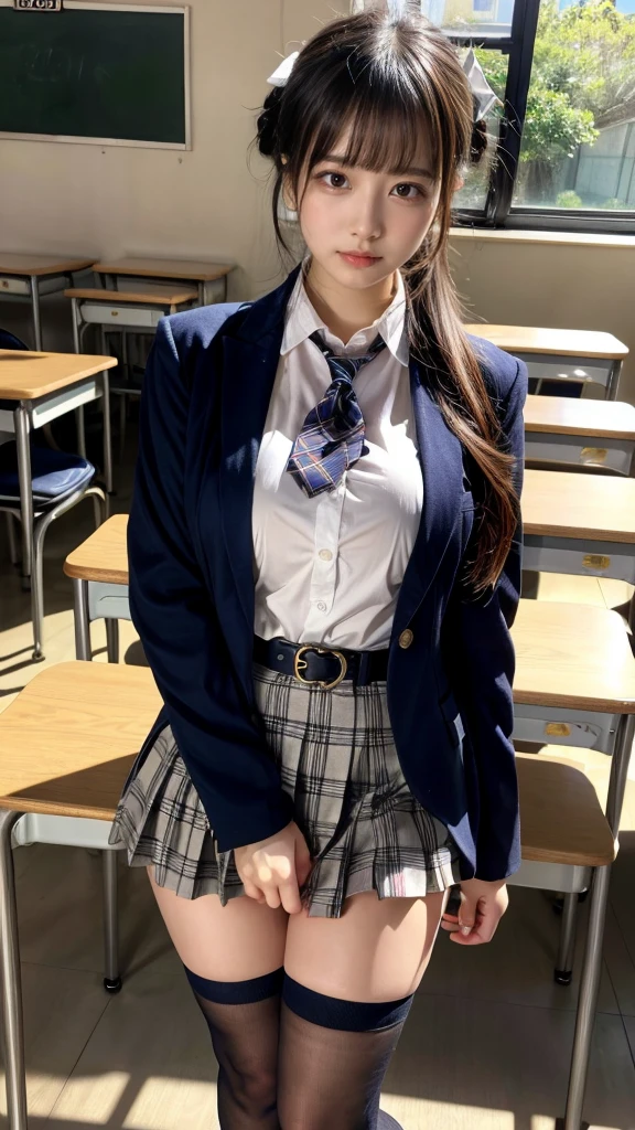 masterpiece, best quality, illustration, Super detailed, fine details, High resolution, 8K,wall paper, perfect dynamic composition,(Details High quality, realistic depiction of eyes:1.3), High School Classroom、High school girl uniform、blazer 、Super Short Check Uniform Skirt、Navy blue high socks、garterbelts、Colossal tits, Disturbed uniform, (updo:1.2), black hair color, large breasts, Big Natural Color Lip, bold sexy pose, (perfect body shape), crying a little、20 year old girl、cute type, beautiful legs, hposing Gravure Idol, Voluptuous thighs