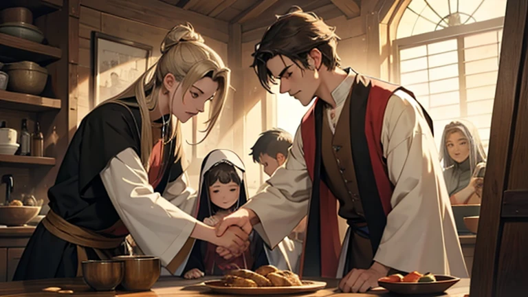 Scene of the family warmly welcoming the master and disciple