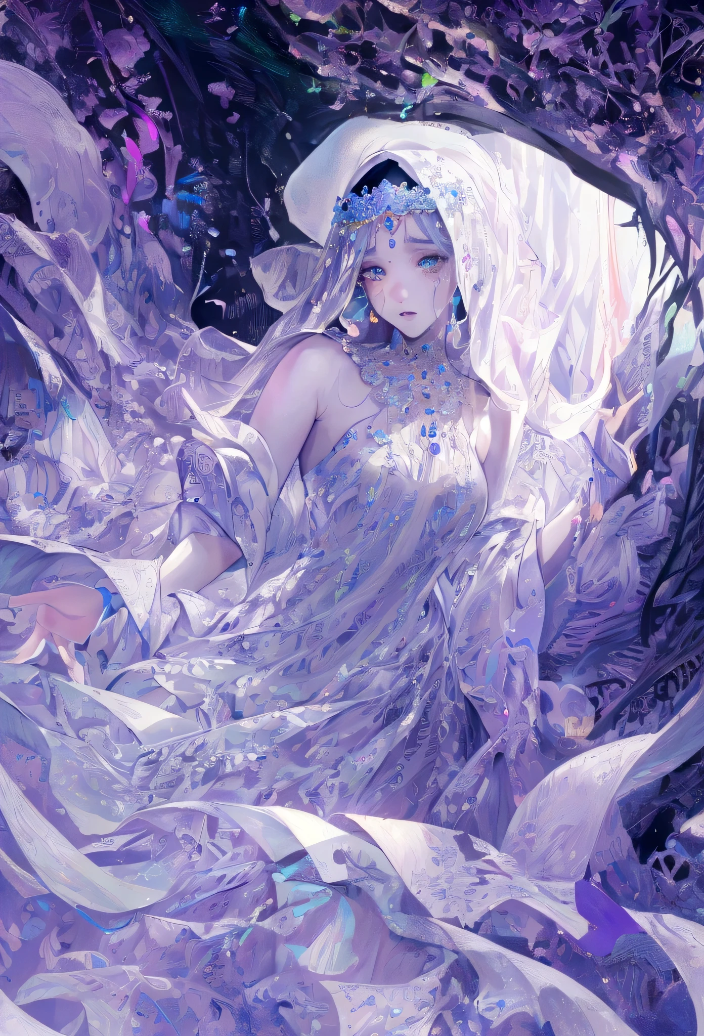 A masterpiece ((highly detailed, high resolution, high quality, high resolution)) girl, hijab, white blue-purple dress decorated with black drawing, neon lights, complex digital drawing, very beautiful digital drawing, amazing digital drawing Beautiful face, rosy cheeks, protuberant