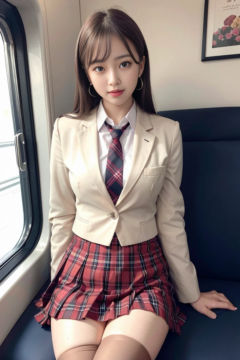 Inside the train、(Ejaculation-only vehicle)、(8K), (Highest quality: 1.2), (Realistic), (Realistic: 1.37), Ultra-high resolution, 1 Girl, cute, smile, Mouth closed, Beautiful details, Beautiful Nose, Wet Hair, Giant Dulcefo, pork,University uniform,A simple blazer,Pleated skirt,Please sit down,Opaque tights,Lace panties,Thighs(8K), (Highest quality: 1.2), (Realistic), (Realistic: 1.37), Ultra-high resolution, 1 Girl, cute, smile, Mouth closed, Beautiful details, Beautiful Nose, Wet Hair, Red lips,Small earrings,Giant Dulcefo, pork, Thighs，Self Snap,University Uniforms,Sit in your seat,Look down,from the front,(A simple light brown blazer),(ダークブラウンのPleated skirt),(Dark red bow tie),(The skirt and tie are tartan....:1.3),濡れたThighs,Crotchless panties,(Thighsにクローズアップ1)、((A lot of knee-high tights!!))、She&#39;s a training potty！