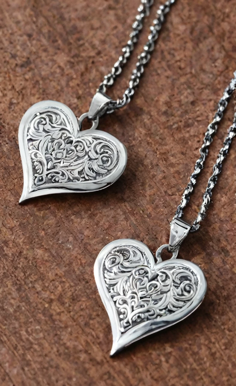 Heart-shaped necklaces that say Eugenio on the right side and Maritza on the left side.