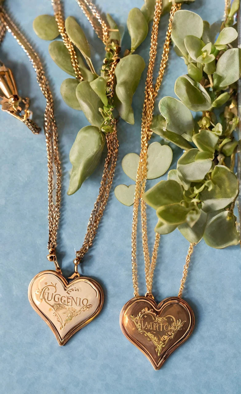 Heart-shaped necklaces that say Eugenio on the right side and Maritza on the left side.
