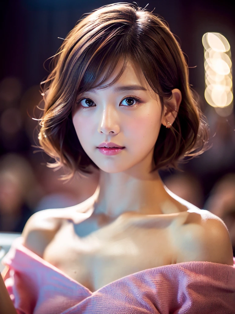 Best Quality, Masterpiece, Ultra High Resolution, (Realisticity: 1.4), Original Photo, 1girl, Pink Off-the-Shoulder, Cinematic Lighting, short wavy hair bob cut, cute asian girl, eye looking audience