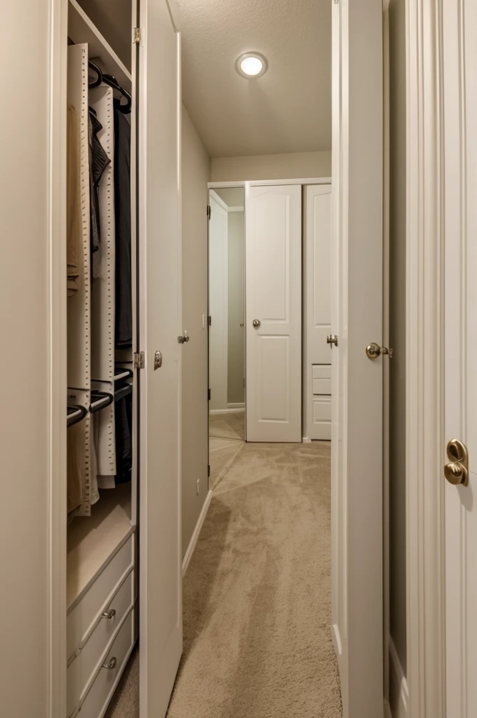 A room that has a bed next to a closet and the closet is in front of a large mirror 