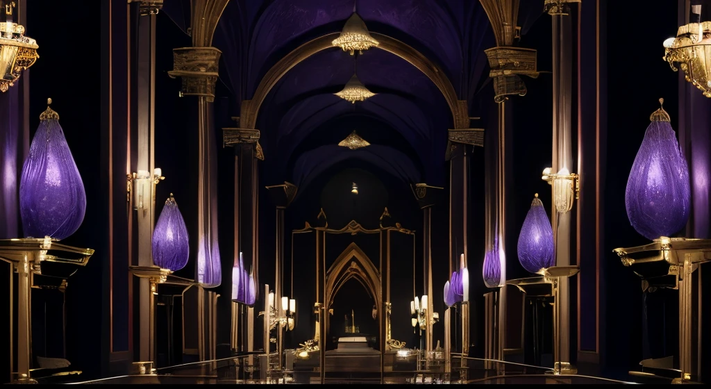 Dark palace hall, dinner table, banquet, royal palace, purple lights, main hall, portraits, statues, luxuries