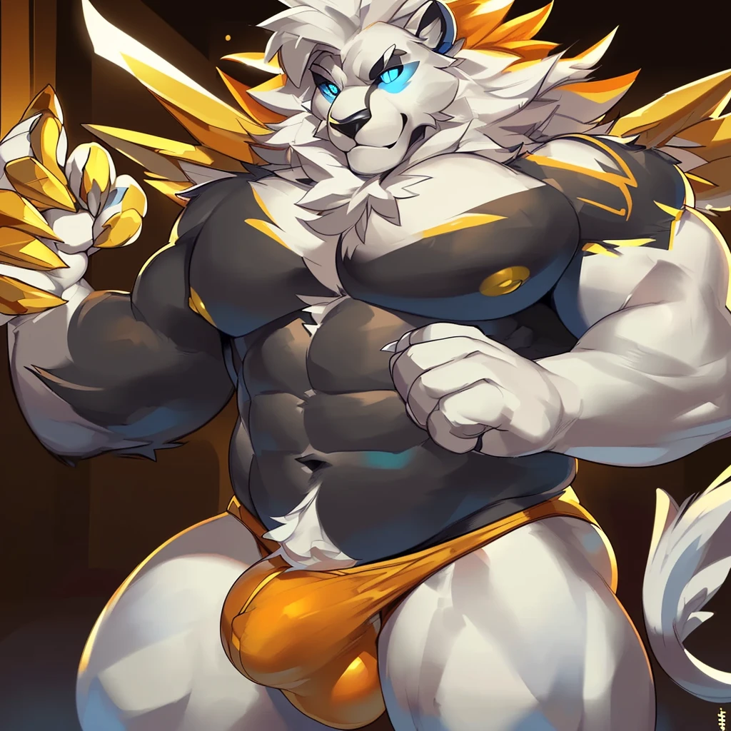 Solo, Anthro, male (((solgaleo, lion, blue sclera, muscular, big pecs, abs, yellow nipples, white fur, black body, black nose, multicolored body, multicolored fur, multicolored mane, white mane, mane, grey pecs, black chest, black abdomen, white arms, white legs, 5 fingers, tail, white tail, yellow tipped tail, markings, orange tipped mane, orange speedo, big bulge))) standing, pokemorph, biped ((focus grey abdomen, focus solgaleo, focus grey chest)) full body, perfect anatomy, by darkgem, by mystikfox61, by glitter trap boy