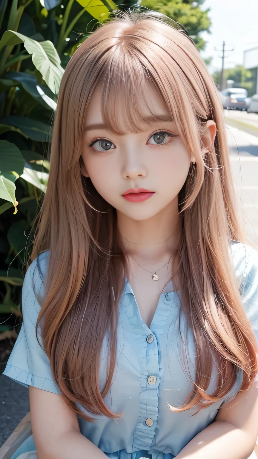 Sunburn marks on tanned skin、blush、Multicolored hair color、Bangs on the face、Bangs between the eyes、Super long hair、Beautiful bright transparent light blue big eyes that are charming and shining、A cute 16-year-old girl with a cute look, A strong wind blows my hair in front of my face、Beautiful big sparkling eyes, Cute eyes hidden by long bangs、Yawn、No visible nasolabial folds、A short, light-colored miniskirt、A cute and colorful summer shirt、Korean Beauty、Dark blush on the cheeks
