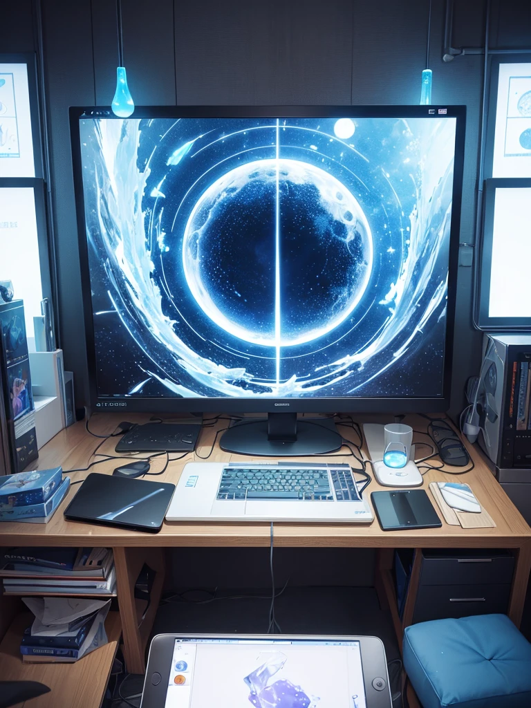 on the desk、No people、Tablet、liquid crystal、moon、PC Monitor、liquid crystalTablet、smartphone、wall、Dark atmosphere、Blue Neon、Blue Star、keyboard、Vocal Microphone、headphone、Large windows、scenery、white flowers and a laptop on a desk in front of a window, a digital painting inspired by Uragami Gyokudō, pixiv contest winner, magical realism, magic lab background, magical background, background art, personal room background, random background scene, anime background art, cozy cafe background, fairy tale style background, background artwork, mobile game background