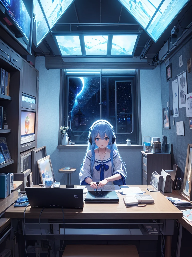 on the desk、No people、Tablet、liquid crystal、moon、PC Monitor、liquid crystalTablet、smartphone、wall、Dark atmosphere、Blue Neon、Blue Star、keyboard、Vocal Microphone、headphone、Large windows、scenery、white flowers and a laptop on a desk in front of a window, a digital painting inspired by Uragami Gyokudō, pixiv contest winner, magical realism, magic lab background, magical background, background art, personal room background, random background scene, anime background art, cozy cafe background, fairy tale style background, background artwork, mobile game background