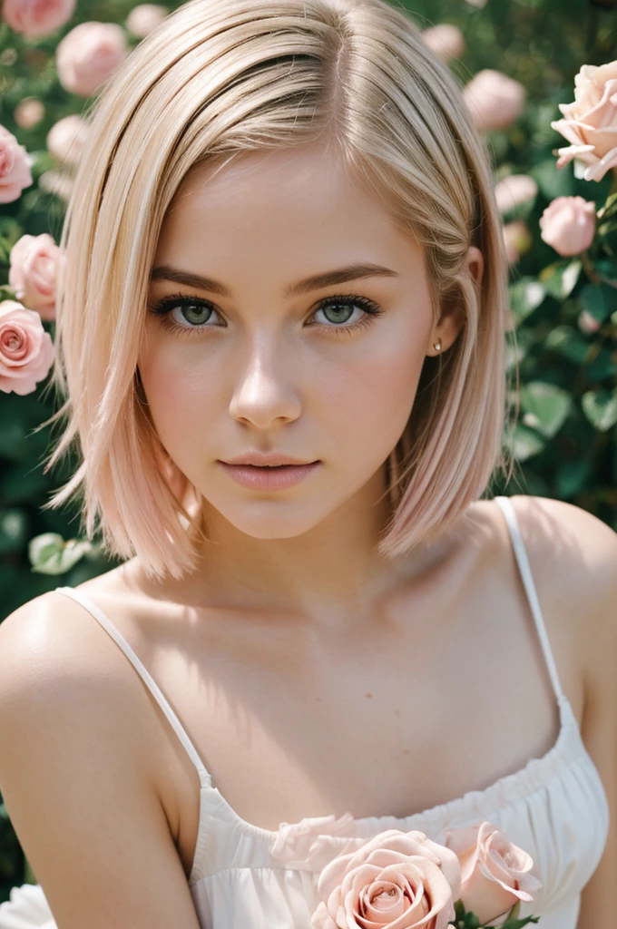 8k, photo and gross, fujifilm, Style photography of a beautiful young girl like Avril in a light pink rose garden. (very detailed skin: 1.2) Style-Petal BREAK short hair, blonde hair with colored highlights, wearing a dress, film grain, 35mm, beautiful style