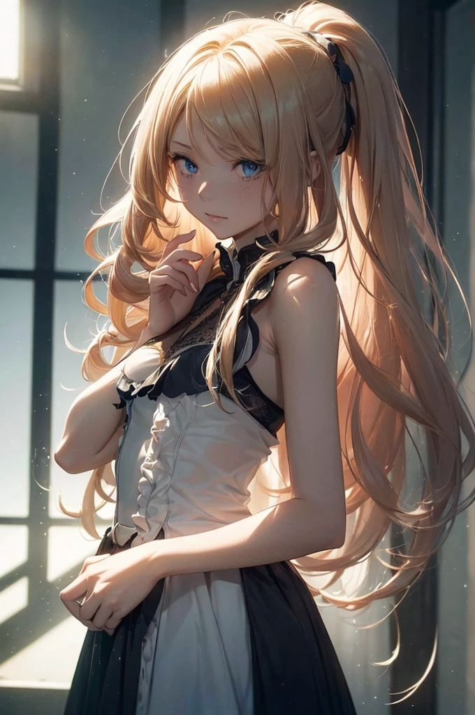 ((1 Female, 1 person, Solitary) Alice, Humanity, Long curly blond hair, blue eyes, freckle, teenager, 18 years, Rebirth_ongoing) (Main Part, Super detailed, 8K, (HD, Sunlight:0.5, Soft_shadow:0.5, atmosphere_light, 8K, 4K, Surrealism, elegant, ((((Appearance)))), Soft Ton, 柔和的light))(((Dark, Chiaroscuro)))