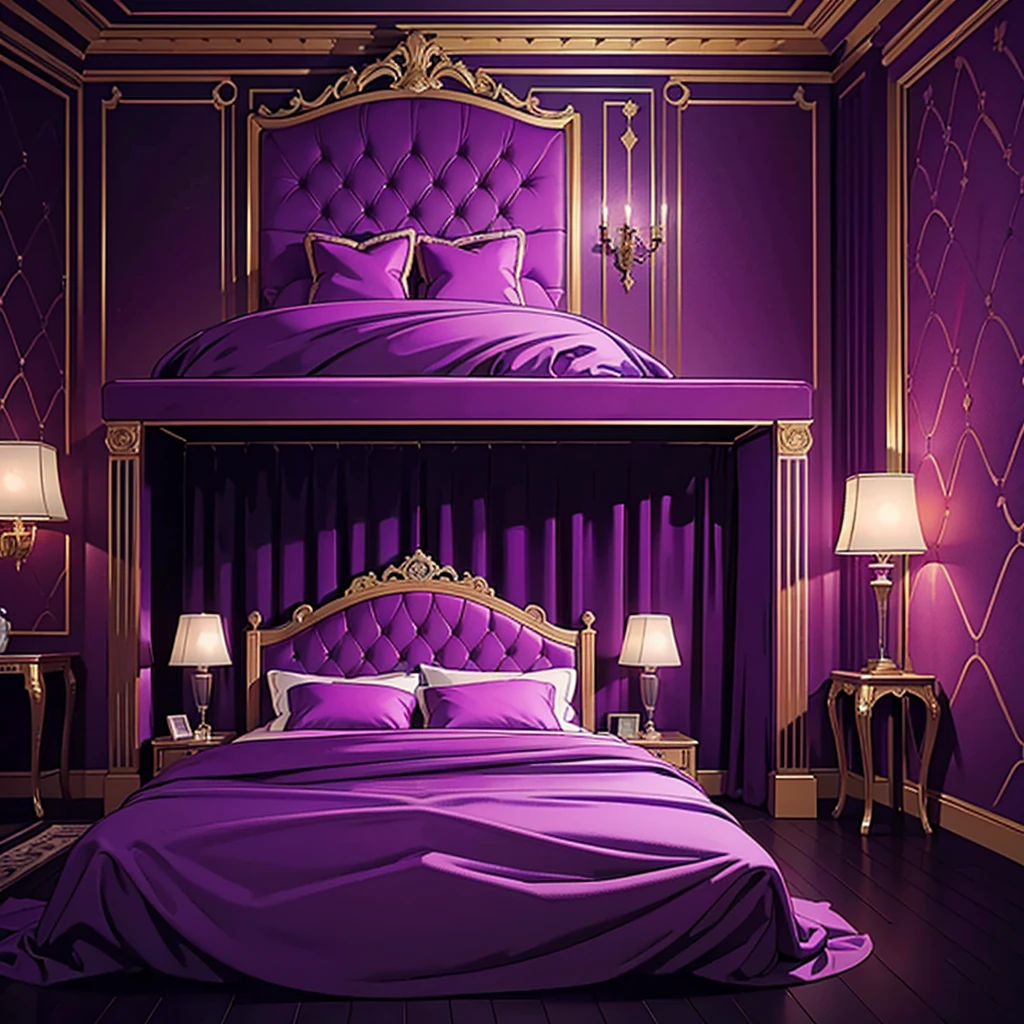 a dark room in a royal palace, a luxurious double bed, a photo frame on the wall, high-quality and lavish furniture, 8k resolution, purple lighting