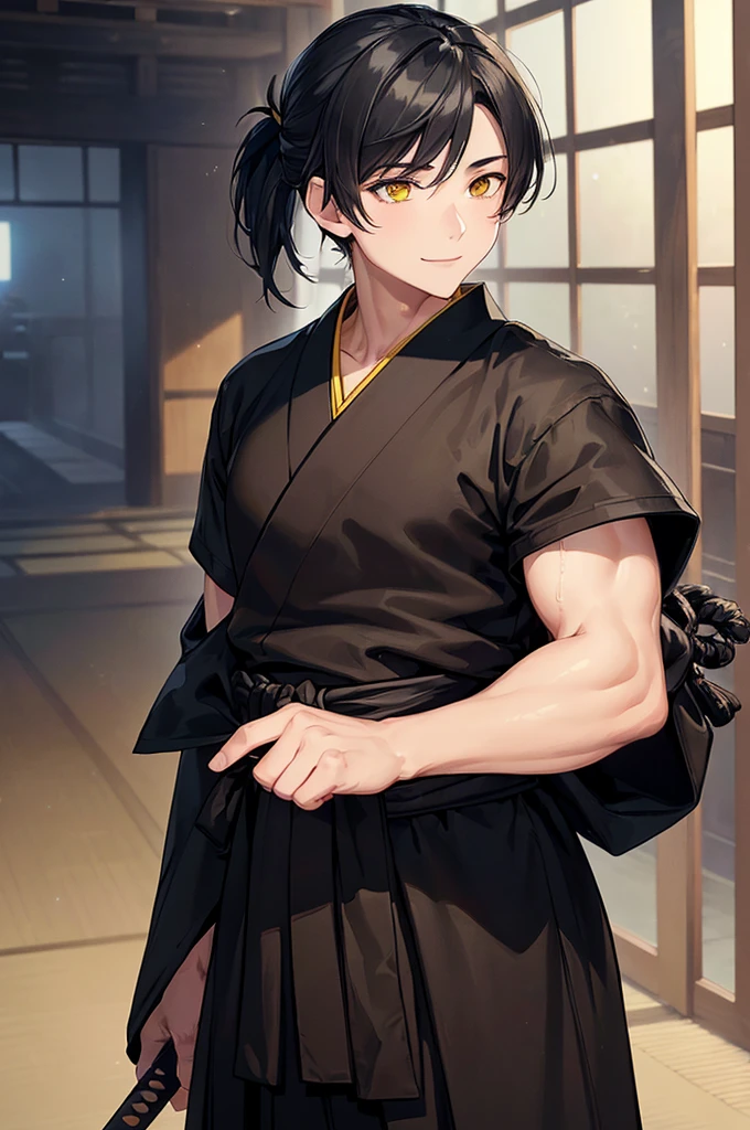 (masterpiece; best quality: 1.2), (finely detailed eyes: 1.3), ((1 young man)), ((solo)), (yellow eyes: 1.4), (masculine; lean, toned: 1.3), (short black hair in low ponytail: 1.3), (beautiful and clear background: 1.2), ((depth of field)), (clothes: all-black ronin hakama + all-black ronin kimono: 1.3), (anime illustration: 1.2), (background; old japanese mansion exterior+ night: 1.1), (extremely fine and handsome: 1.1), (shot composition; standing + close-up: 1.5), (expression; calm, smile: 1.2)