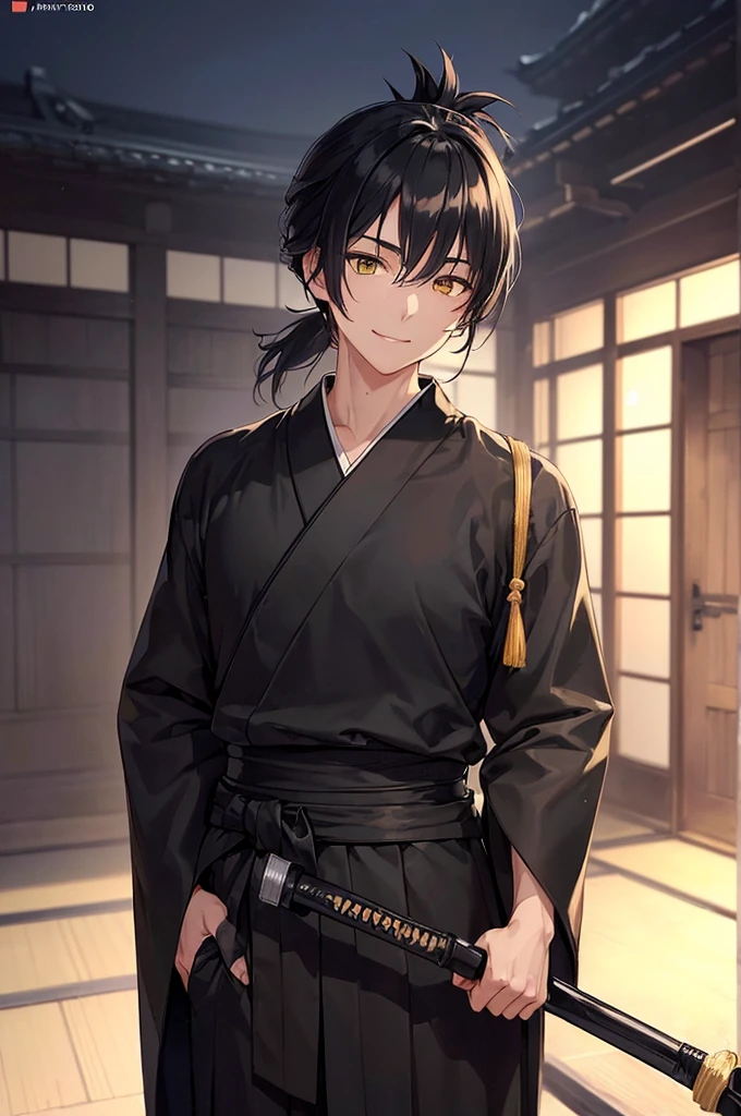(masterpiece; best quality: 1.2), (finely detailed eyes: 1.3), ((ung man)), ((solo)), (yellow eyes: 1.4), (masculine; lean, toned: 1.3), (short black hair in low ponytail: 1.3), (beautiful and clear background: 1.2), ((depth of field)), (clothes: all-black ronin hakama + all-black ronin kimono: 1.3), (anime illustration: 1.2), (background; old japanese mansion exterior+ night: 1.1), (extremely fine and handsome: 1.1), (shot composition; standing + close-up: 1.5), (expression; calm, smile: 1.2)