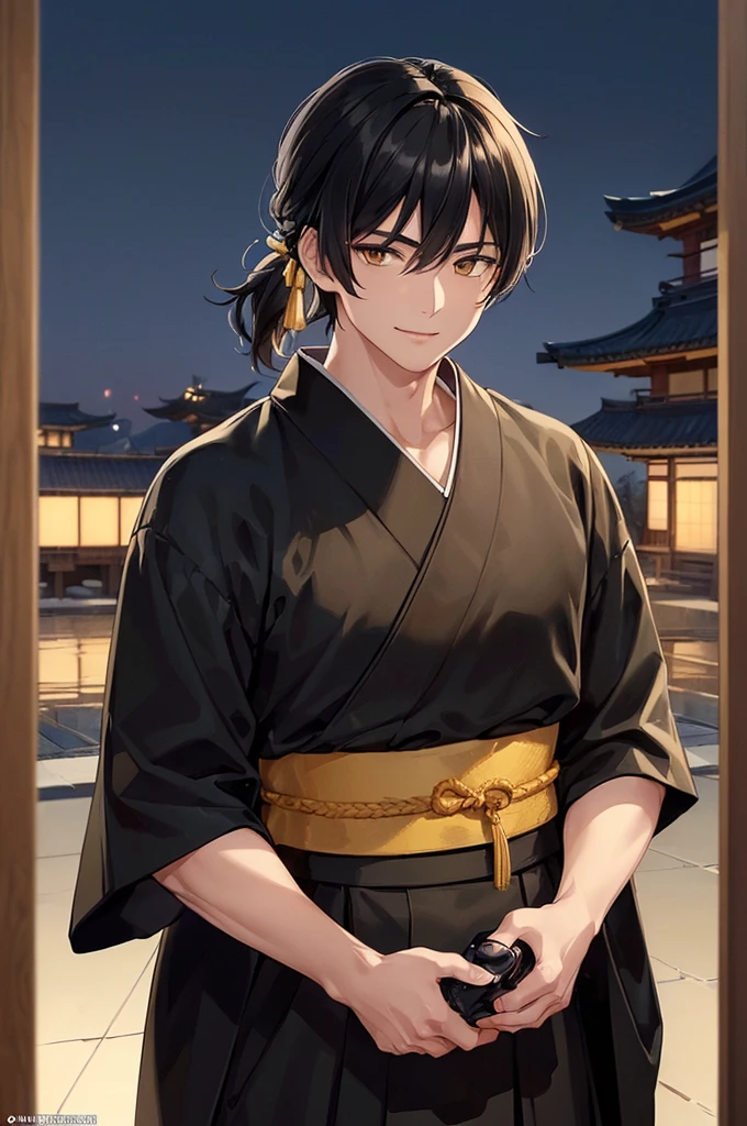 (masterpiece; best quality: 1.2), (finely detailed eyes: 1.3), ((ung man)), ((solo)), (yellow eyes: 1.4), (masculine; lean, toned: 1.3), (short black hair in low ponytail: 1.3), (beautiful and clear background: 1.2), ((depth of field)), (clothes: all-black ronin hakama + all-black ronin kimono: 1.3), (anime illustration: 1.2), (background; old japanese mansion exterior+ night: 1.1), (extremely fine and handsome: 1.1), (shot composition; standing + close-up: 1.5), (expression; calm, smile: 1.2)