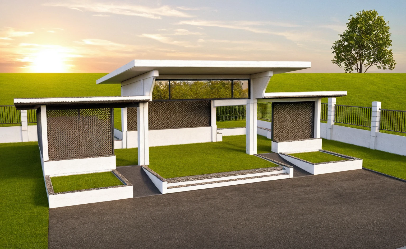 Masterpiece, high quality, best quality, authentic, super detail, outdoors, huts style modern, bietthuhn, white concrete wall, field landscape, sunset, gate road, pavement, grass, trees, blue sky, cloud, (day:1.1), realistic lighting