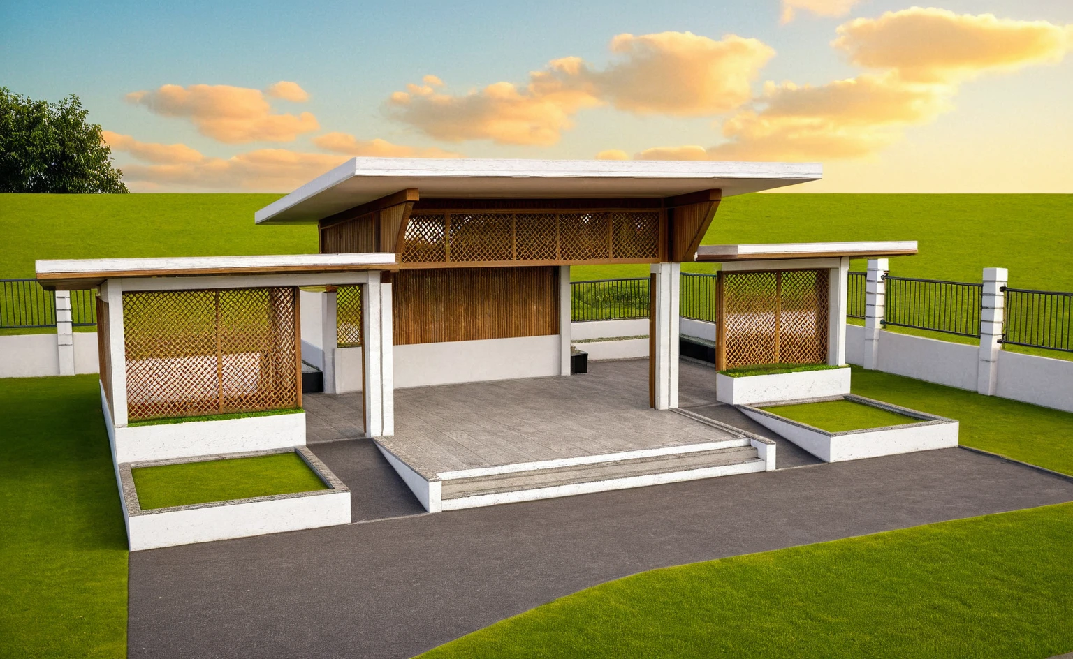 Masterpiece, high quality, best quality, authentic, super detail, outdoors, huts style modern, bietthuhn, white concrete wall, field landscape, sunset, gate road, pavement, grass, trees, blue sky, cloud, (day:1.1), realistic lighting