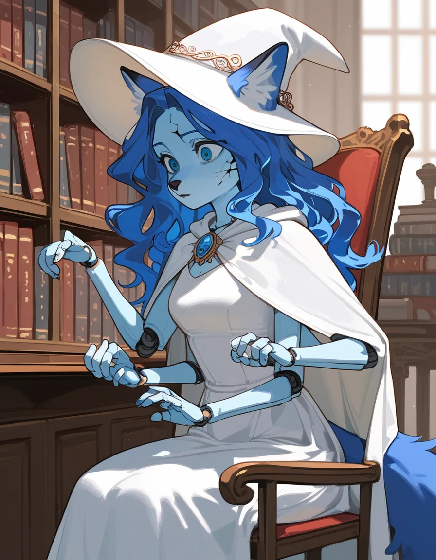 Score_9, score_8_up, score_7_up, masterpiece, best quality, 1girl, solo, an Anthro furry blue fox girl, fox snout, black nose, IncrsXLRanni, wavy hair, cracked skin, colored skin, blue fur, extra arms, four arms, doll joints, white dress, white hat, white cloak, pondering pose, sitting on a chair, in a magical library, in a tower, all four hands on her lap,