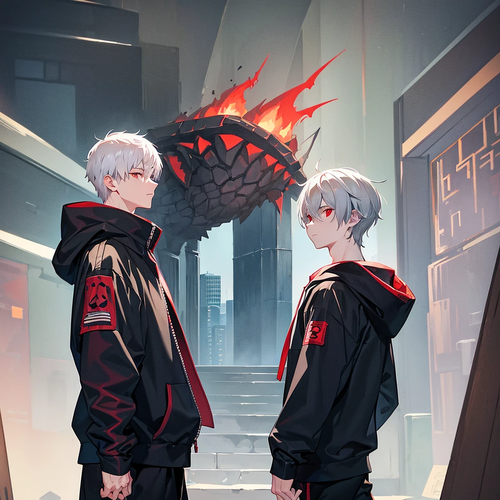 A young man with short white hair, red eyes, masculine face. Wearing a black hoodie with gray details. He is standing, looking to the side. On a center of a city. Dungeons and Dragons art direction, studio ghibli Style