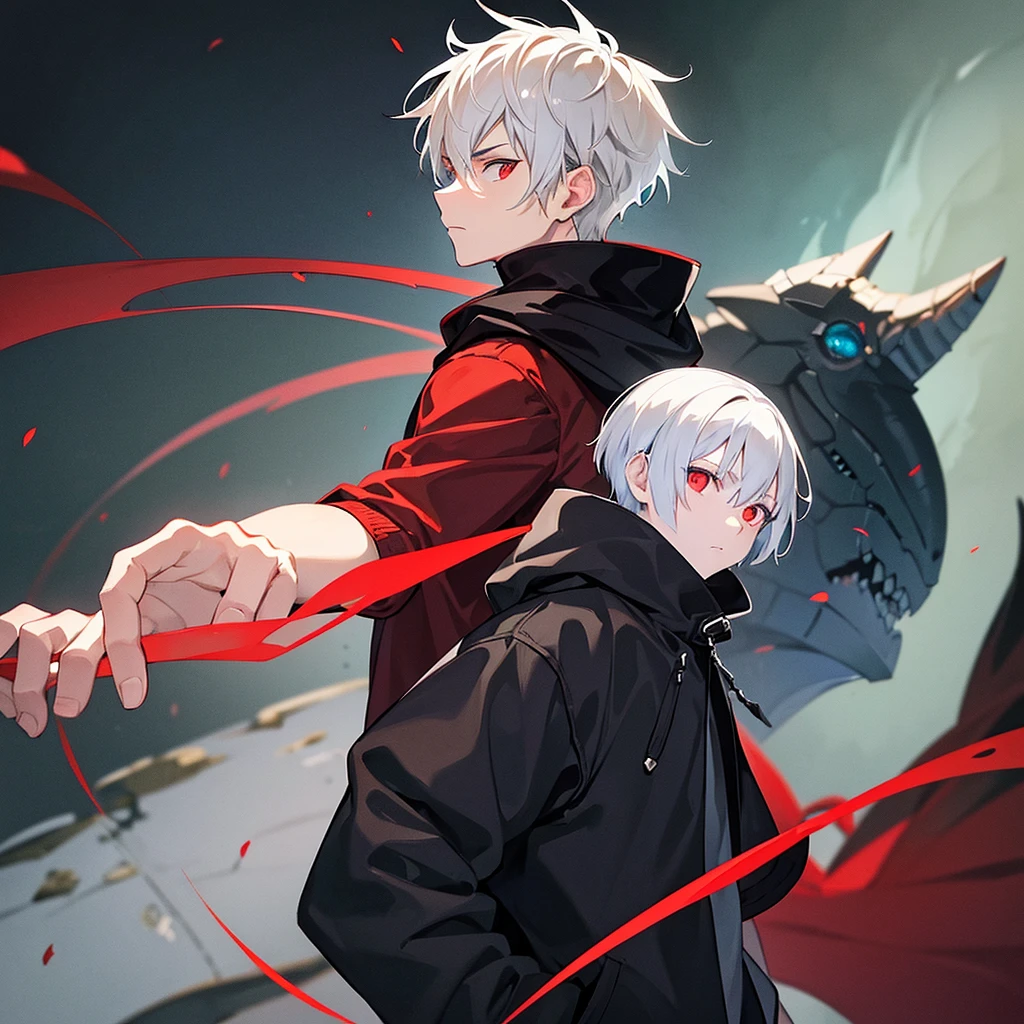 A young man with short white hair, red eyes, masculine face. Wearing a black hoodie with gray details. He is standing, looking to the side. On a center of a city. Dungeons and Dragons art direction, studio ghibli Style