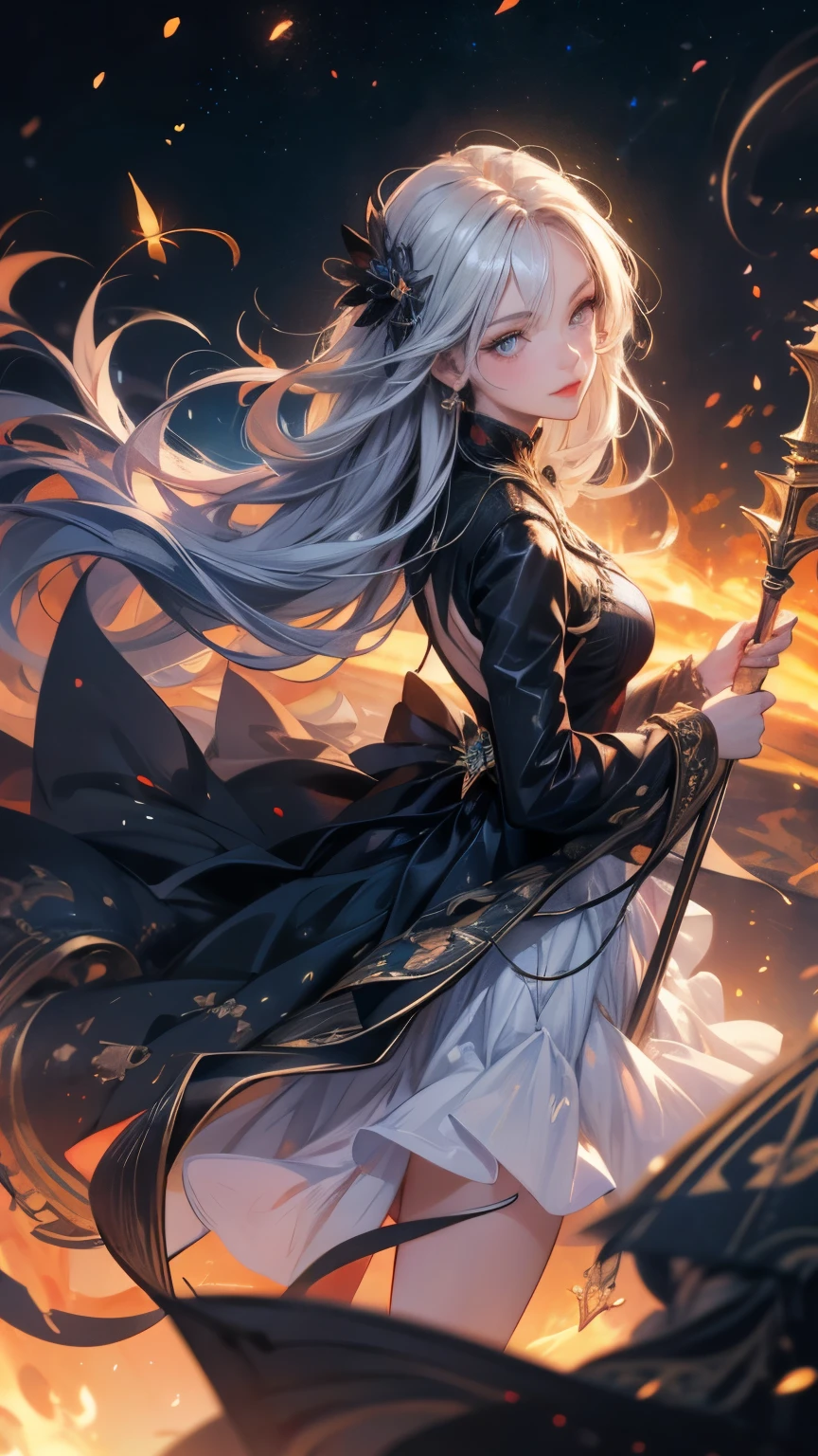 8K resolution, masterpiece, Highest quality, Award-winning works, unrealistic, From above, erotic, Only sexy women, healthy body, Anatomically accurate skeleton, 22 years old, Black Mage, Height: 165cm, huge firm bouncing busts,, Silvery long wavy hair, Detailed facial depiction, break, Mysterious blue eyes, Standard nose, eyeliner, Pink Lips, Sexy long legs, Transparent muscle,, Gothic ruffle long dress, A dress with a complex structure, Seven colourful dresses, Clothed in flames, royal coat of arms, elegant, Very detailed, Delicate depiction of hair, Miniature Painting, Digital Painting, artステーションコンセプトart, Smooth, Sharp focus, shape, artジャム、Greg Rutkowski、Alphonse Mucha、William Adolphe Bouguereau、art:Stephanie Law , Royal Jewel, nature, Symmetric, Greg Rutkowski, Charlie Bowwater, unrealistic, Surreal, Dynamic Lighting, ファンタジーart, Complex colors, Colorful magic circle, flash, dynamic sexy pose, A kind smile, Mysterious Background, aura, A gentle gaze, break, Small faint lights and flying fireflies, night, lanthanum, 山の頂From above下界を見下ろす, Starry Sky, milky way, nebula, shooting star, A sacred staff that emits a brilliant light, Back view, Facing the camera