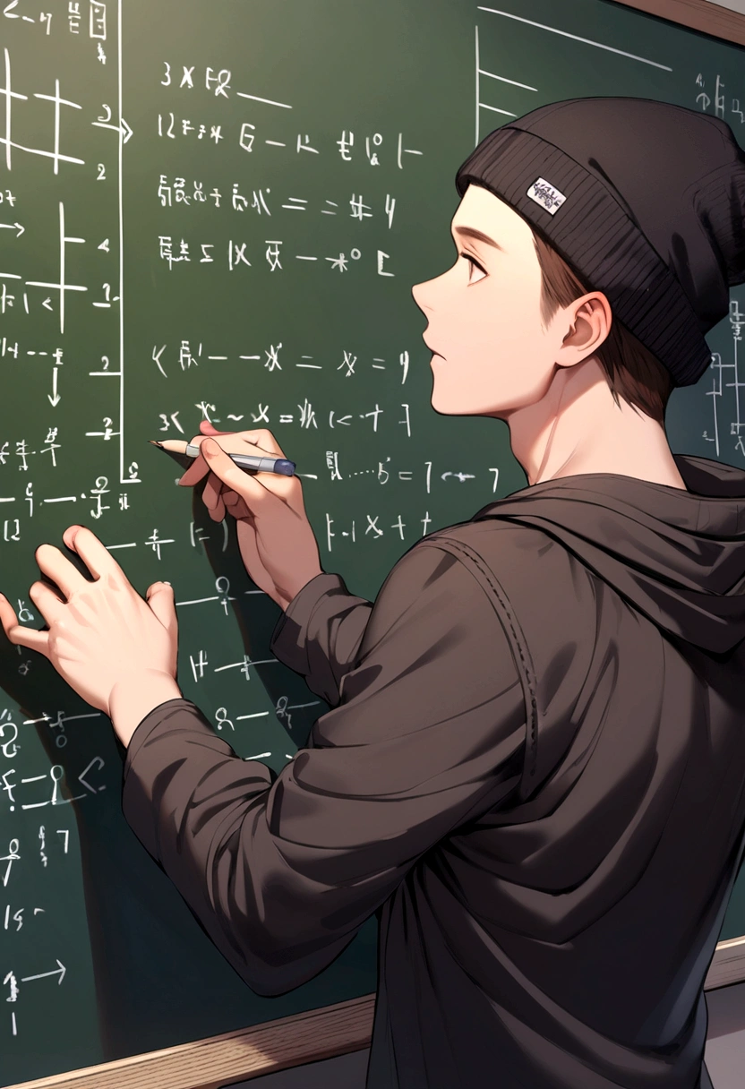 boy with medium long brown hair and black beanie hat writing very complicated equations on a blackboard