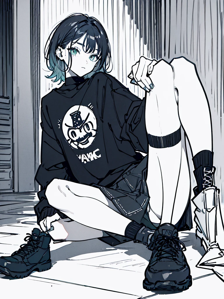 ((body)) skinny, short, pale, freckles on the face, 18 years old ((hair)) long black hair, messy, ((eyes)) green eyes, ((black outfit)) oversize black shirt, blue skirt, knitted shoe covers, black cotton fingerless gloves, black boots, piercings, choker