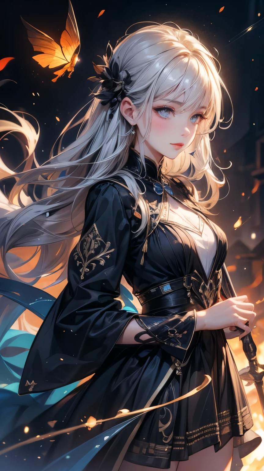 8K resolution, masterpiece, Highest quality, Award-winning works, unrealistic, From above, erotic, Only sexy women, healthy body, Anatomically accurate skeleton, 22 years old, Black Mage, Height: 165cm, huge firm bouncing busts,, Silvery long wavy hair, Detailed facial depiction, break, Mysterious blue eyes, Standard nose, eyeliner, Pink Lips, Sexy long legs, Transparent muscle,, Gothic ruffle long dress, A dress with a complex structure, Seven colourful dresses, Clothed in flames, royal coat of arms, elegant, Very detailed, Delicate depiction of hair, Miniature Painting, Digital Painting, artステーションコンセプトart, Smooth, Sharp focus, shape, artジャム、Greg Rutkowski、Alphonse Mucha、William Adolphe Bouguereau、art：Stephanie Law , Royal Jewel, nature, Symmetric, Greg Rutkowski, Charlie Bowwater, unrealistic, Surreal, Dynamic Lighting, ファンタジーart, Complex colors, Colorful magic circle, flash, dynamic sexy pose, A kind smile, Mysterious Background, aura, A gentle gaze, break, Small faint lights and flying fireflies, night, lanthanum, 山の頂From above下界を見下ろす, Starry Sky, milky way, nebula, shooting star, A sacred staff that emits a brilliant light, Back view, Facing the camera