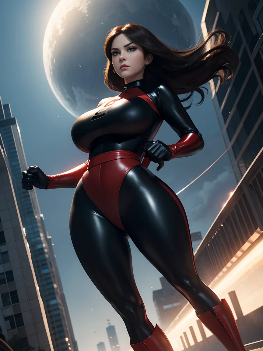 Elastigirl from the movie The Incredibles with big breasts and very big hips profile image in a very sensual and determined action pose, high resolution image