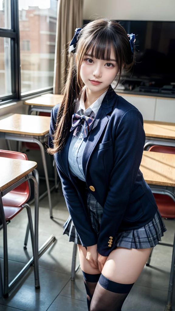 masterpiece, best quality, illustration, Super detailed, fine details, High resolution, 8K,wall paper, perfect dynamic composition,(Details High quality, realistic depiction of eyes:1.3), High School Classroom、High school girl uniform、blazer 、Super Short Check Uniform Skirt、Navy blue high socks、garterbelts、Colossal tits, Disturbed uniform,  (updo:1.2), black hair color, large breasts, Big Natural Color Lip, bold sexy pose, (perfect body shape), crying a little、20 year old girl、cute type, beautiful legs, hposing Gravure Idol, Voluptuous thighs