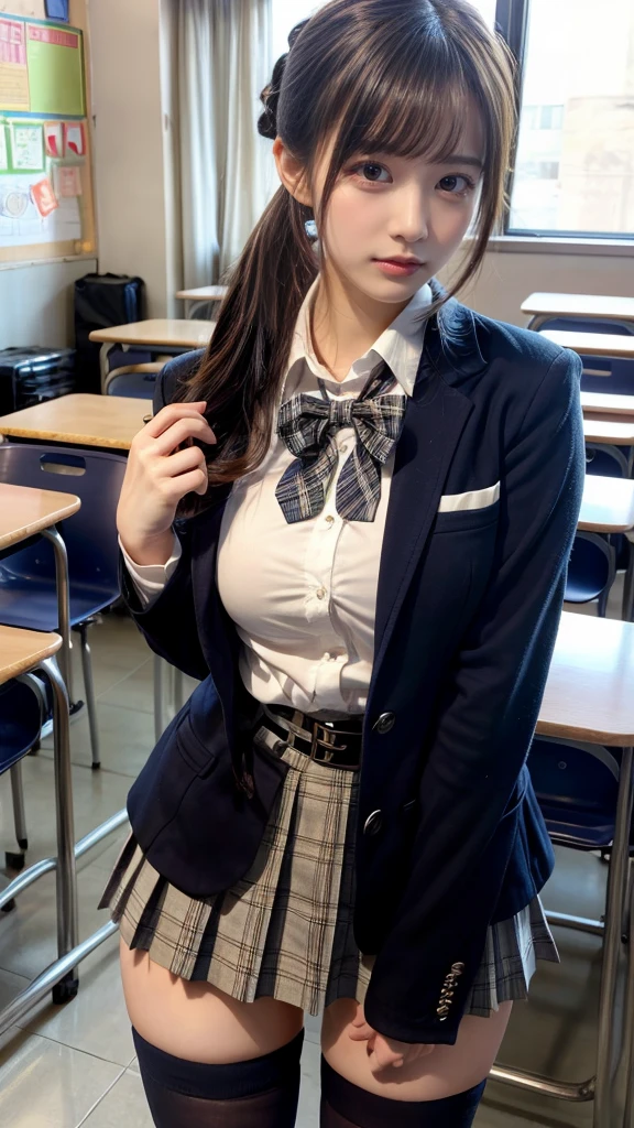 masterpiece, best quality, illustration, Super detailed, fine details, High resolution, 8K,wall paper, perfect dynamic composition,(Details High quality, realistic depiction of eyes:1.3), High School Classroom、High school girl uniform、blazer 、Super Short Check Uniform Skirt、Navy blue high socks、garterbelts、Colossal tits, Disturbed uniform,  (updo:1.2), black hair color, large breasts, Big Natural Color Lip, bold sexy pose, (perfect body shape), crying a little、20 year old girl、cute type, beautiful legs, hposing Gravure Idol, Voluptuous thighs