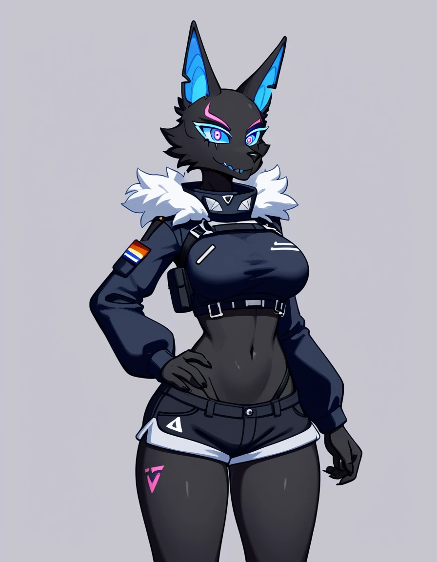 Anthro, furry female, blue inner ear, black fur, black body, blue sclera, wearing black military top, black short shorts, tall and curvy, grinning, simple white background, flat colors, 