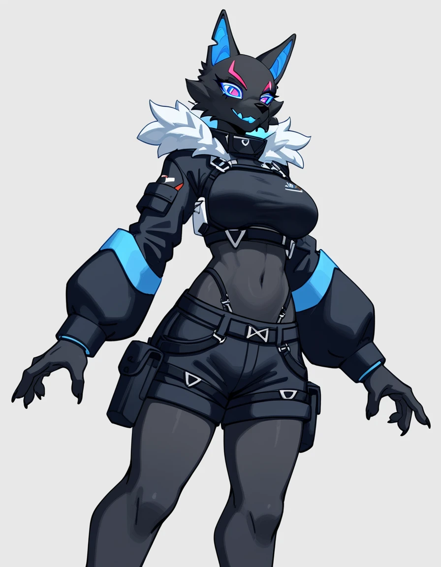 Anthro, furry female, blue inner ear, black fur, black body, blue sclera, wearing black military top, black short shorts, tall and curvy, grinning, simple white background, flat colors, 