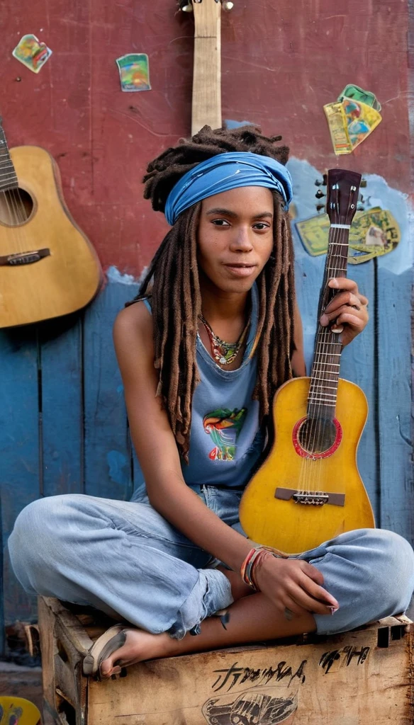 A beautiful Jamaican girl, with rasta style clothes, long dreadlocks, jamaican bandana, sunglasses on her hair, playing old guitar with stickers on a crate, in front of an old blue wall