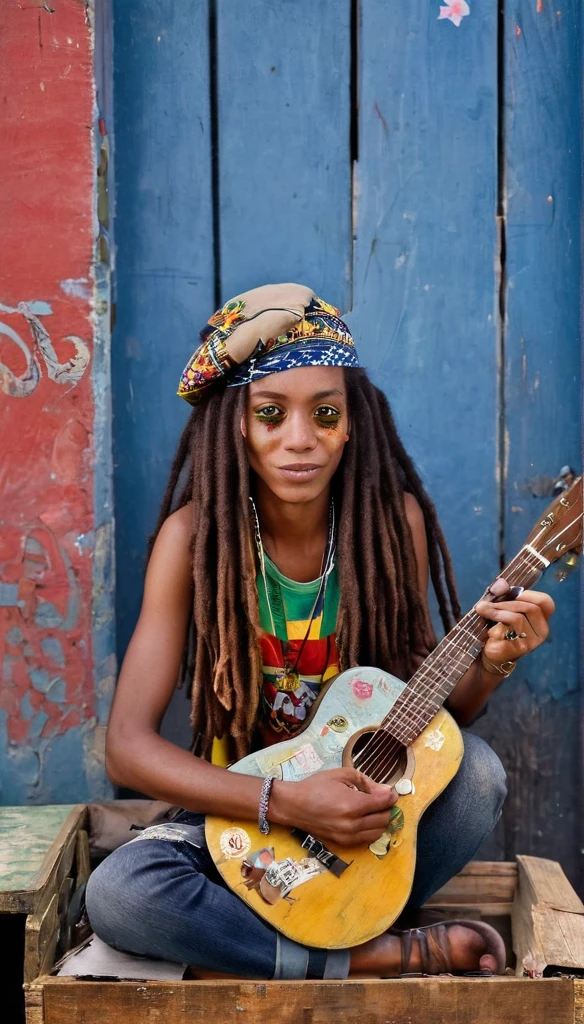 A beautiful Jamaican girl, with rasta style clothes, long dreadlocks, jamaican bandana, sunglasses on her hair, playing old guitar with stickers on a crate, in front of an old blue wall