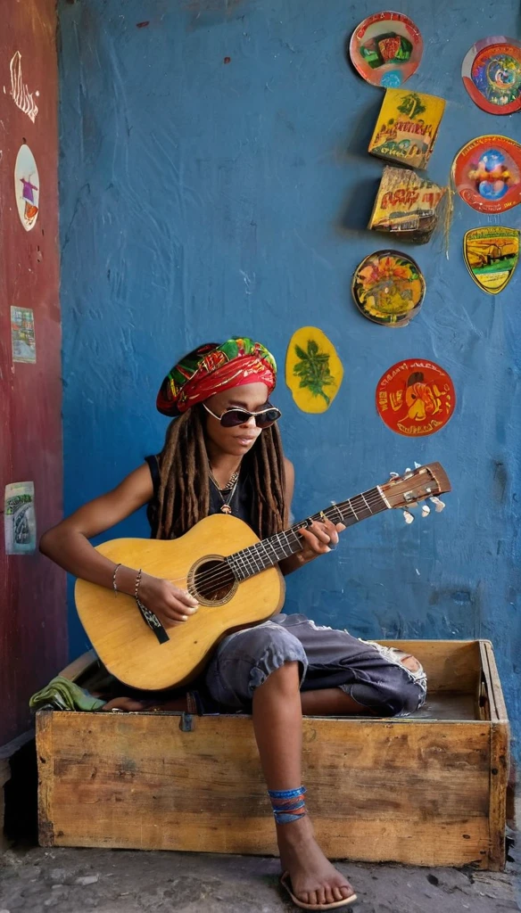 A beautiful Jamaican girl, with rasta style clothes, long dreadlocks, jamaican bandana, sunglasses on her hair, playing old guitar with stickers on a crate, in front of an old blue wall