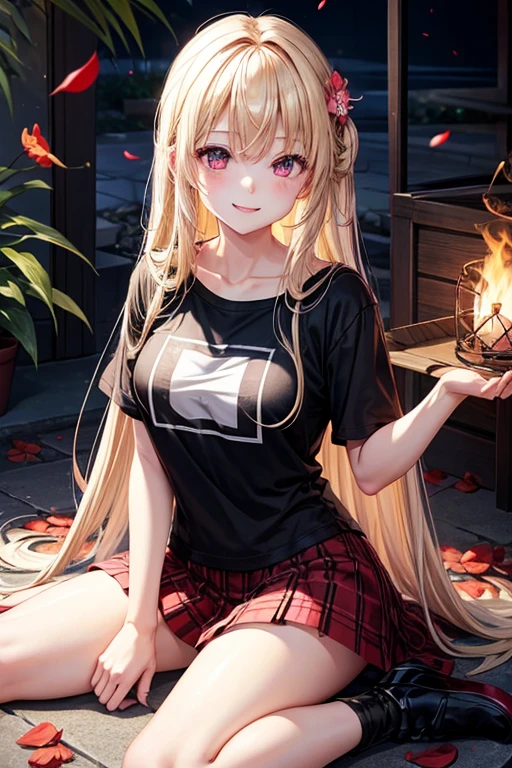 a blonde、Red eyes、1 pretty girl、and souls、lightly dressed、Checkered miniskirt、flower petals、with bare legs let your hair down、black t-shirt、sitting on、you、smiling、fire flame