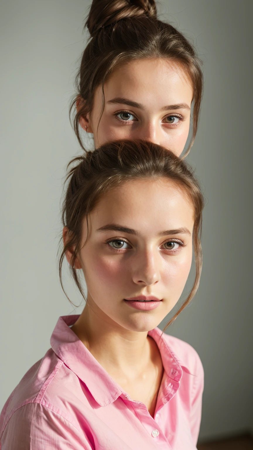 Portraiture, 20 year old brunette german girl, Sexy and attractive expression, Wearing a pink shirt, Messy bun, 8k, highest quality, masterpiece, (Looking into the camera:1.3), photograph, (beautiful), realistic skin, realistic skin texture, big breast, fair, bright,