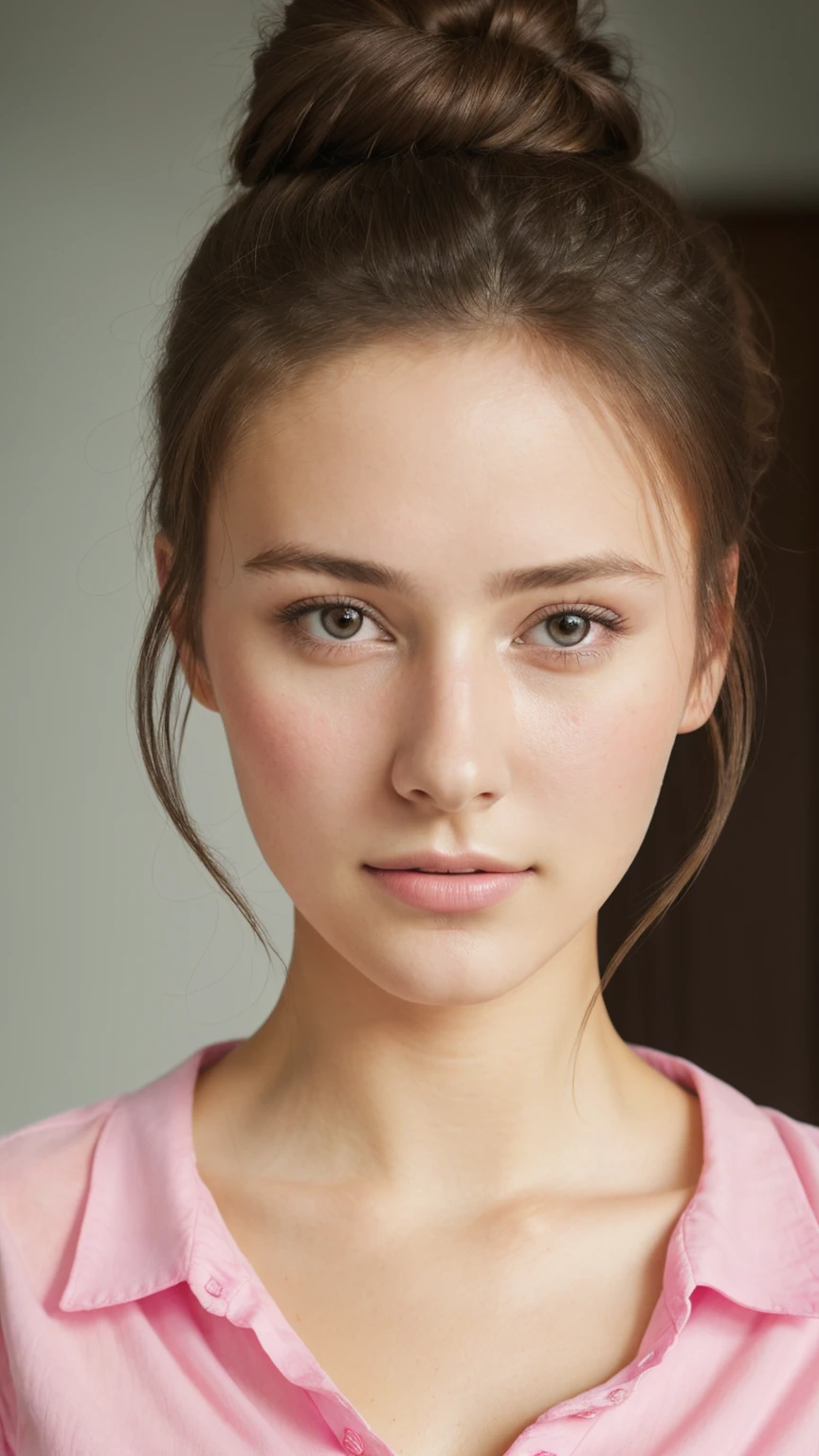 Portraiture, 20 year old brunette german girl, Sexy and attractive expression, Wearing a pink shirt, Messy bun, 8k, highest quality, masterpiece, (Looking into the camera:1.3), photograph, (beautiful), realistic skin, realistic skin texture, big breast, fair, bright,