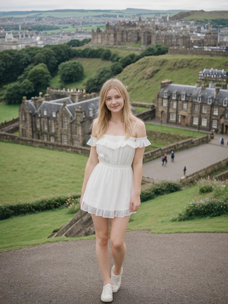 her name is Marie, high quality, 1girl, ((20-year-old fit Caucasian woman)), ((20 years old)), ((fit)), ((pale skin tone)), medium length straight blonde hair , wearing Tiered Ruffle Mini Dress, pose: standing, background: Detail the panoramic vistas from Edinburgh Castle, Scotland, where visitors can see the historic city of Edinburgh spread out below, framed by rolling hills and the distant sea.