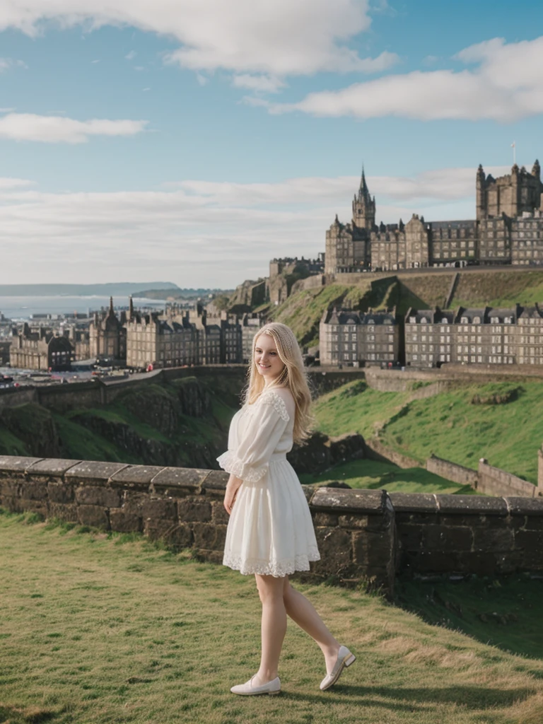 her name is Marie, high quality, 1girl, ((20-year-old fit Caucasian woman)), ((20 years old)), ((fit)), ((pale skin tone)), medium length straight blonde hair , wearing Tiered Ruffle Mini Dress, pose: standing, background: Detail the panoramic vistas from Edinburgh Castle, Scotland, where visitors can see the historic city of Edinburgh spread out below, framed by rolling hills and the distant sea.