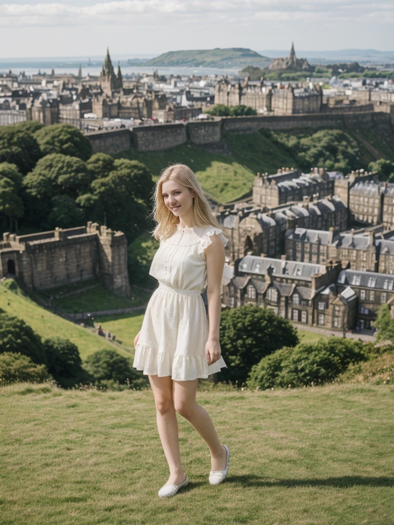 her name is Marie, high quality, 1girl, ((20-year-old fit Caucasian woman)), ((20 years old)), ((fit)), ((pale skin tone)), medium length straight blonde hair , wearing Tiered Ruffle Mini Dress, pose: standing, background: Detail the panoramic vistas from Edinburgh Castle, Scotland, where visitors can see the historic city of Edinburgh spread out below, framed by rolling hills and the distant sea.