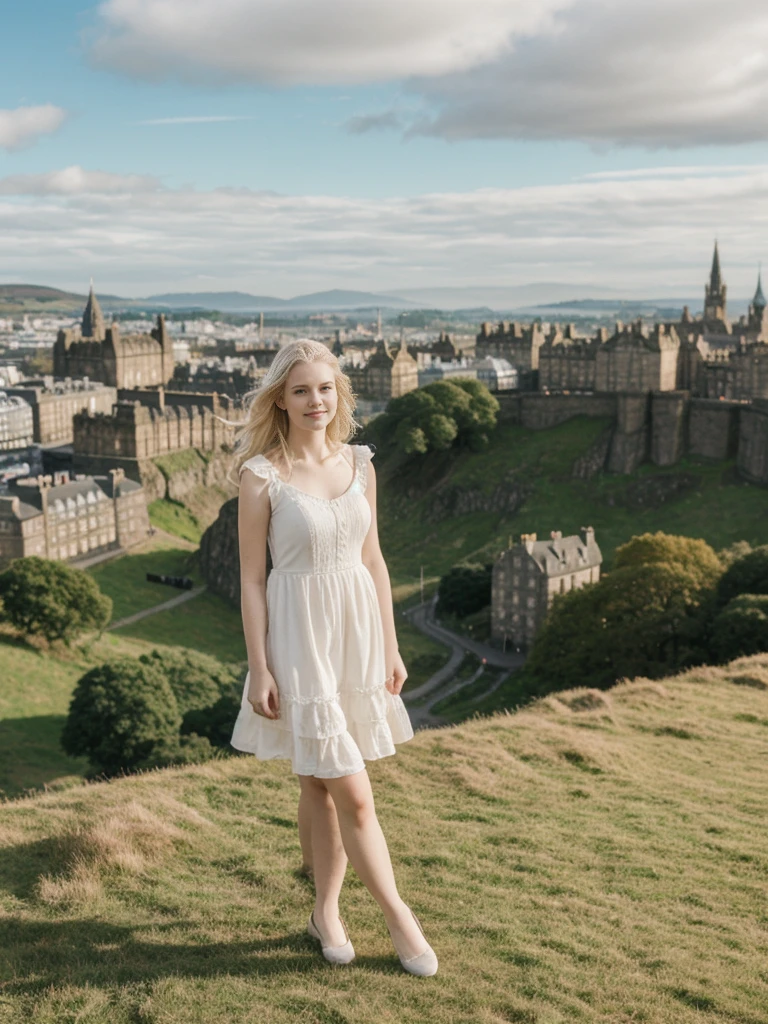 her name is Marie, high quality, 1girl, ((20-year-old fit Caucasian woman)), ((20 years old)), ((fit)), ((pale skin tone)), medium length straight blonde hair , wearing Tiered Ruffle Mini Dress, pose: standing, background: Detail the panoramic vistas from Edinburgh Castle, Scotland, where visitors can see the historic city of Edinburgh spread out below, framed by rolling hills and the distant sea.