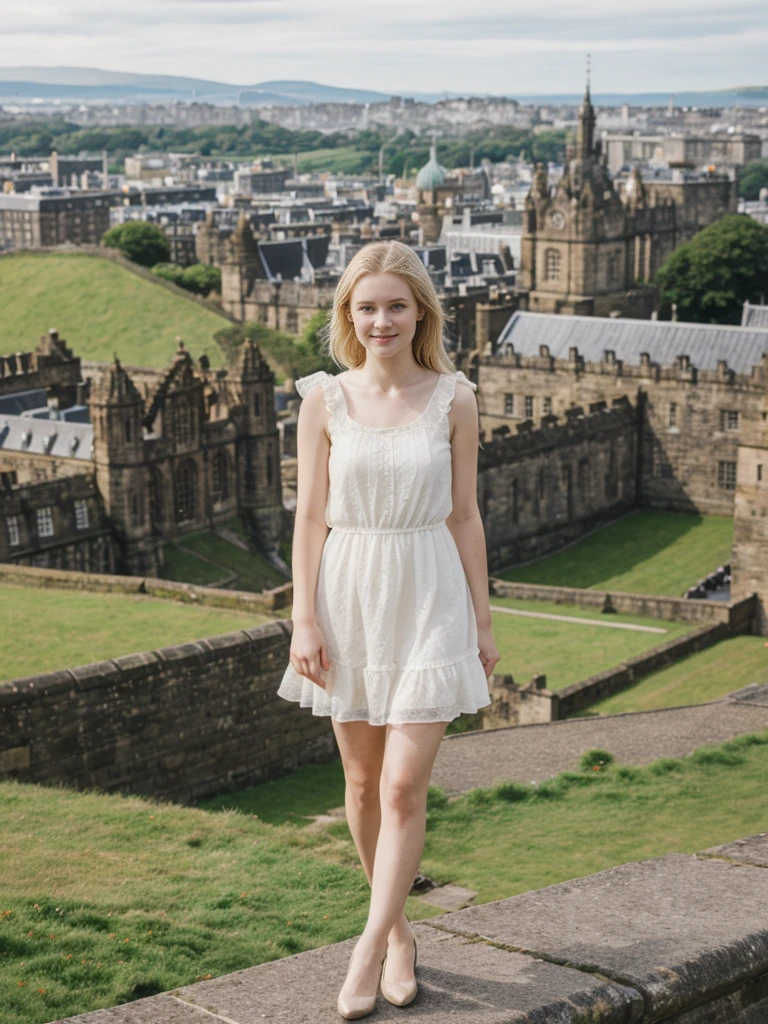 her name is Marie, high quality, 1girl, ((20-year-old fit Caucasian woman)), ((20 years old)), ((fit)), ((pale skin tone)), medium length straight blonde hair , wearing Tiered Ruffle Mini Dress, pose: standing, background: Detail the panoramic vistas from Edinburgh Castle, Scotland, where visitors can see the historic city of Edinburgh spread out below, framed by rolling hills and the distant sea.
